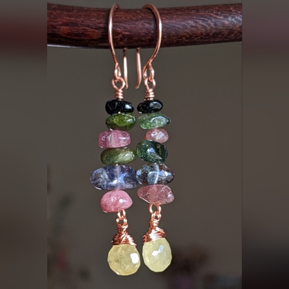 Rainbow Tourmaline Gemstone Earrings Artisan Copper Wire Wrap Design - Picture 10 of 14